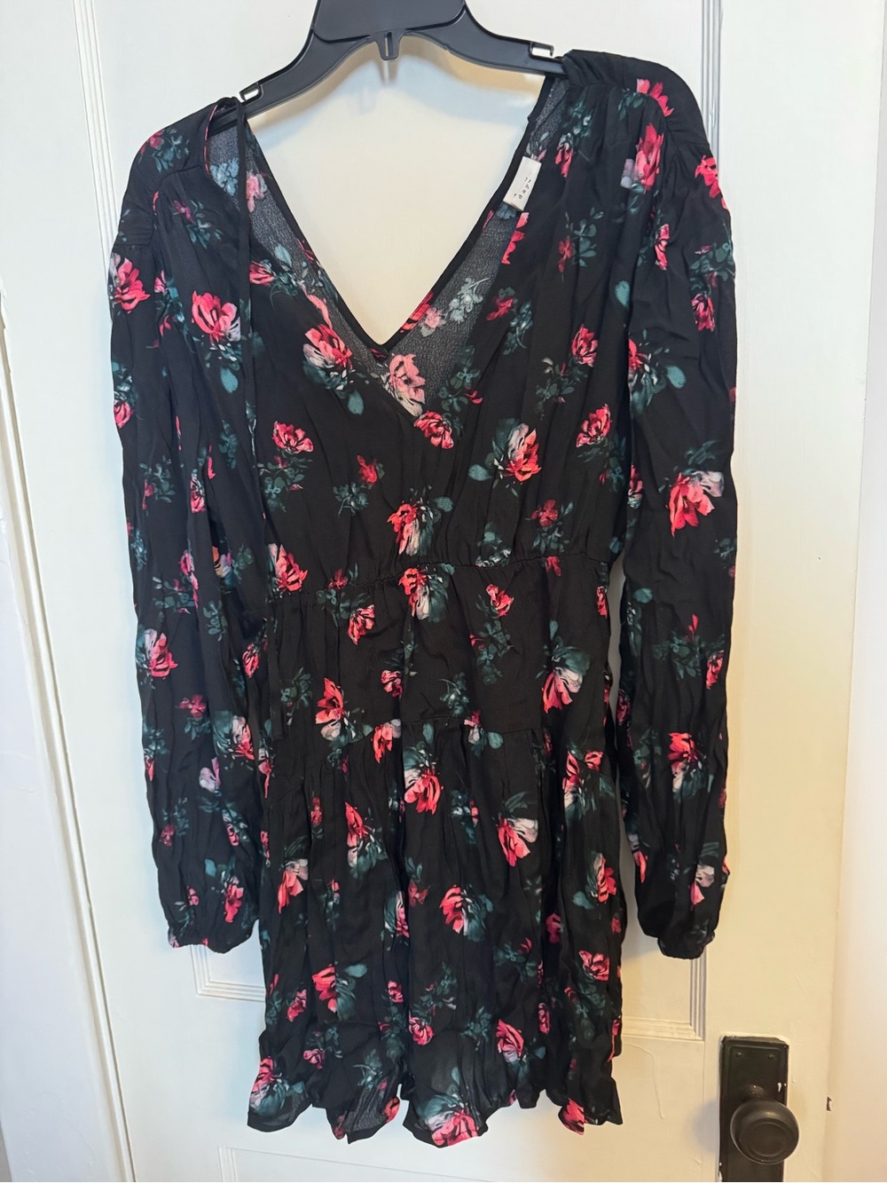 a new day Black V-Neck Midi Dress with Pink Rose Print